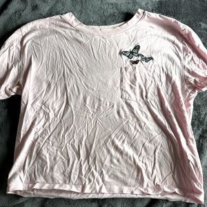 Hollister pink crop top with front pocket and butterflies